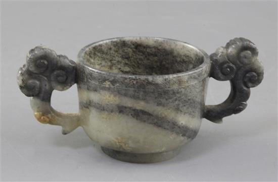 A Chinese grey and black speckled jade two handled cup, 17th/18th century, width 13.3cm